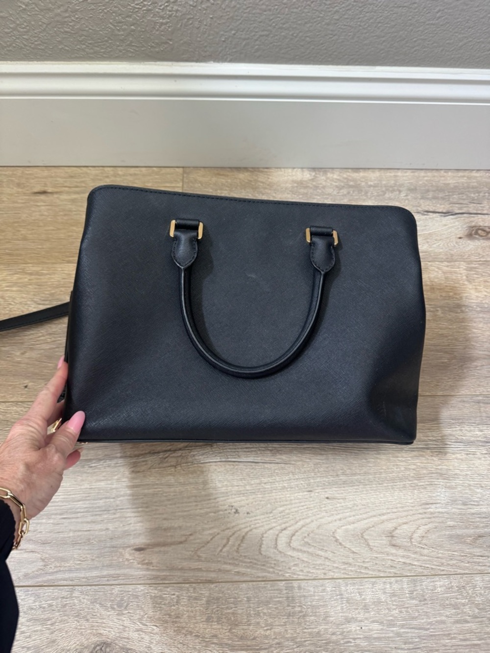 Michael Kors Black Saffiano Leather Satchel with Gold Accents - Picture 5 of 6